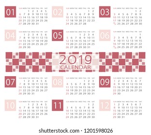 Japanese pattern calendar template for 2019 year.