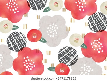 Japanese pattern of camellia and plum blossoms watercolor