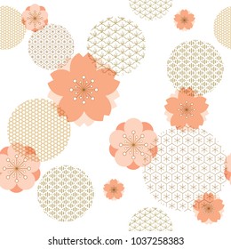 Japanese pattern with Cherry blossom elements vector. Gold geometric background.