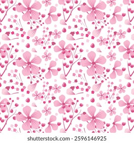 Japanese pattern with cherry blossom and petals for fabric design. Textile pattern in asian modern simple style. Vector fabric design in retro style.