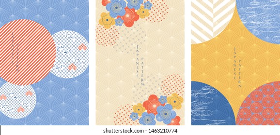 Japanese pattern with cherry blossom vector. Geometric background and Hand drawn elements.