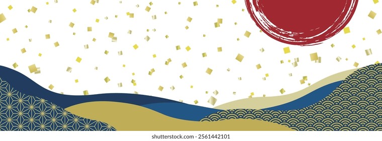 Japanese pattern cloud shape and sunrise with gold leaf horizontal long banner frame, blue