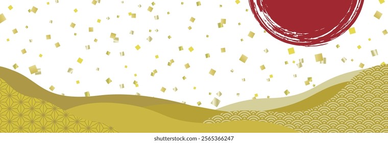 Japanese pattern cloud shape and sunrise with gold leaf horizontal long banner frame, gold