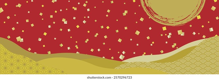 Japanese pattern cloud shape and sunrise with gold leaf on a long horizontal red background