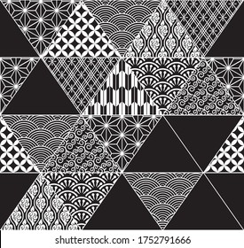 Japanese pattern collage. Black and white seamless design. Modern decorative triangle patchwork.