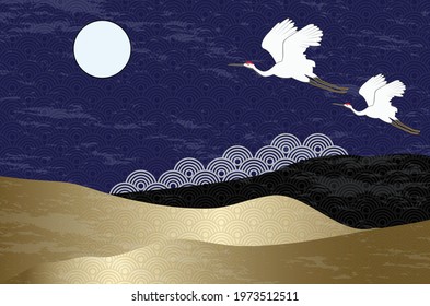 Japanese pattern with Crane bird and traditional gold background