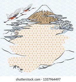 Patrón japonés con elementos de pájaros Crane y fondo de montaña Fuji. Plantilla de línea dibujada a mano en estilo asiático.