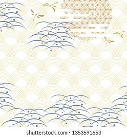 Japanese pattern with dragonfly, moon and wave elements. Gold and blue geometric background.
