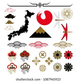 Japanese pattern elements. Flat vector cartoon illustration. Objects isolated on white background.