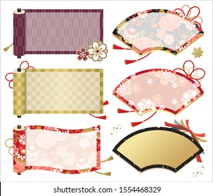 Japanese pattern fans and scrolls with ribbon