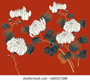 Japanese pattern.Red flower on a long background.Vector unique seamless asian texture. 