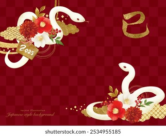 Japanese pattern flower and snake New Year's card vector illustration material Translation Snake