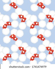 Japanese pattern.Red flowers with snow clinging on a blue background.Vector asian texture.For printing on packaging, textiles, paper, manufacturing, wallpapers, scrapbooking.