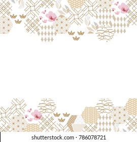 Japanese pattern frame and border vector. Gold and pink geometric background. Nature icons and symbols texture for card, poster, template, cover page design.