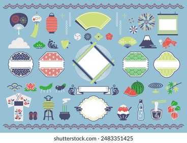 Japanese pattern frame and Japanese style summer vector illustration set