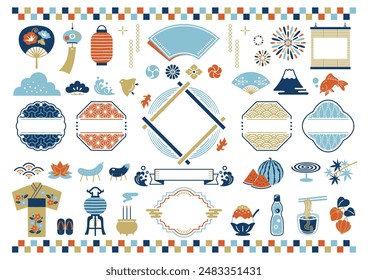 Japanese pattern frame and Japanese style summer vector illustration set