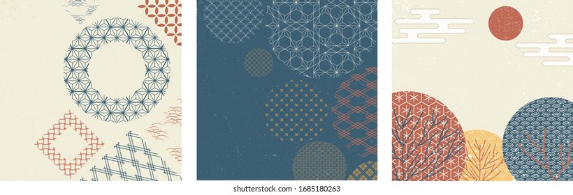 Japanese pattern with geometric background vector. Tree and moon elements in oriental style.