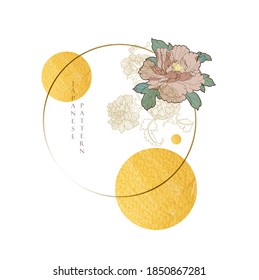 Japanese pattern with geometric background vector. Peony flower and gold texture elements. Circle template in vintage style. 