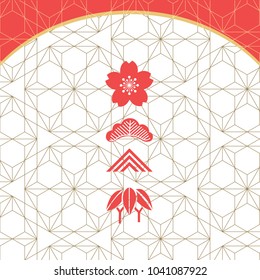 Japanese pattern. Gold geometric background and red icon elements. Cherry blossom flower vector.