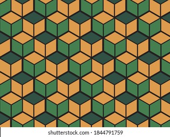 Japanese pattern of green and orange hexagonal pattern
