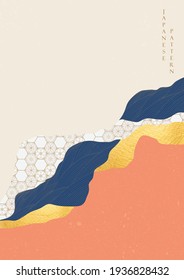 Japanese pattern with hand drawn line wave elements vector. Abstract art background with geometric decoration banner design in vintage style. Gold texture.
