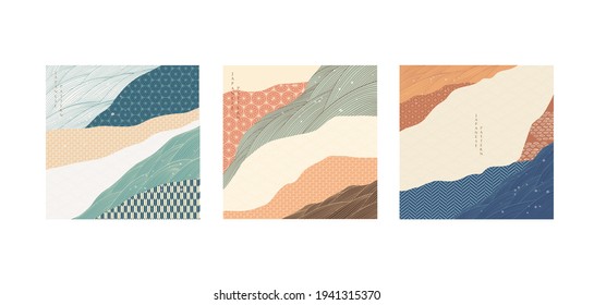Japanisches Muster mit handgezeichnet Wellenelementen, Vektorgrafik. Abstrakter Kunsthintergrund mit Geometrischem Vorlagenbanner-Design im Vintage-Stil.