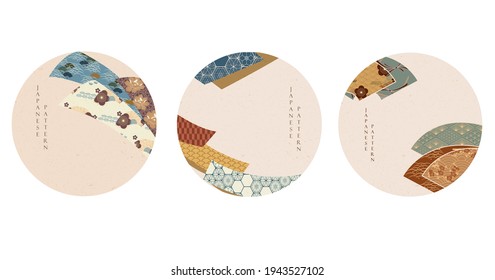 Japanese pattern icon with geometric background vector. Asian banner design with ribbon and fan decoration in vintage style.