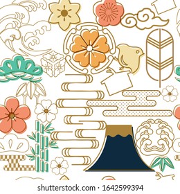 Japanese pattern and icon vector. Asian traditional symbols. Seamless background in oriental style.