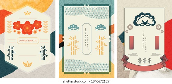 Japanese pattern and icon vector.  Oriental wedding invitation and frame background. Geometric pattern and brush stroke decoration. Abstract template in Chinese style.