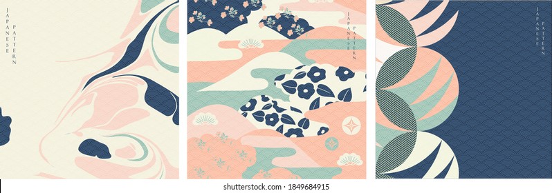 Japanese pattern and icon vector.  Oriental wedding invitation and frame background. Geometric pattern and brush stroke decoration. Abstract template in Chinese style.