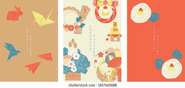 Japanese pattern and icon vector.  Oriental wedding invitation and frame background. Geometric pattern and origami folding paper decoration. Abstract template in Chinese style.