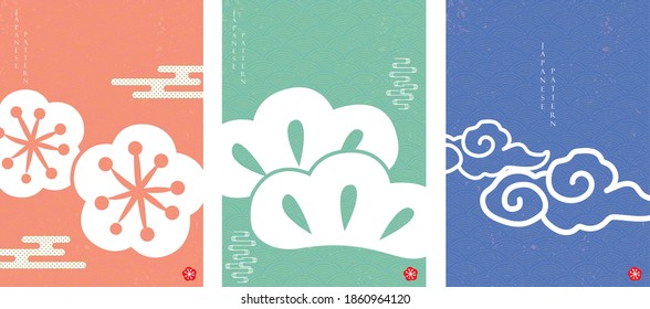 Japanese pattern and icon vector.  Oriental wedding invitation and frame background. Cherry blossom flower, bonsai and cloud object. Abstract template in Chinese style.