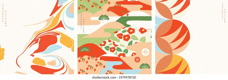 Japanese pattern and icon vector.  Oriental wedding invitation and frame background. Geometric pattern decoration. Abstract template in Chinese style.