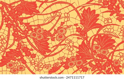 Japanese pattern illustration. Asian fabric print ornament. Exotic flower background. Chinese oriental texture. Hand drawn art on red. Ancient culture tradition illustration.