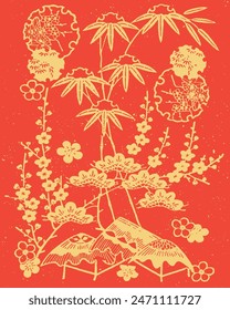 Japanese pattern illustration. Asian fabric print ornament. Sakura flower background. Chinese oriental texture. Hand drawn art on red. Ancient culture tradition illustration.