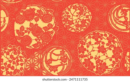 Japanese pattern illustration. Asian fabric print ornament. Sakura flower background. Chinese oriental texture. Hand drawn art on red. Ancient culture tradition drawing.