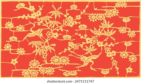 Japanese pattern illustration. Asian fabric print ornament. Sakura with flying birds, floral background. Chinese oriental texture. Red hand drawn art. Ancient culture tradition illustration.