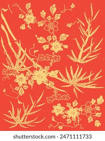 Japanese pattern illustration. Bamboo tree hand drawn art on red background. Asian fabric print ornament. Chinese oriental texture. Ancient culture tradition drawing.