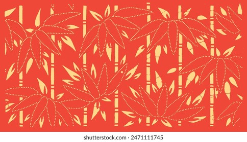 Japanese pattern illustration. Bamboo tree forest background. Asian fabric print ornament. Chinese oriental texture. Ancient culture tradition hand drawn art on red.