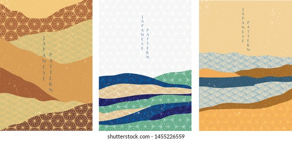 Japanese pattern with landscape background vector. Geometric lines and abstract shape elements. Mountain template in Asian style. Sea in sunset backdrop.