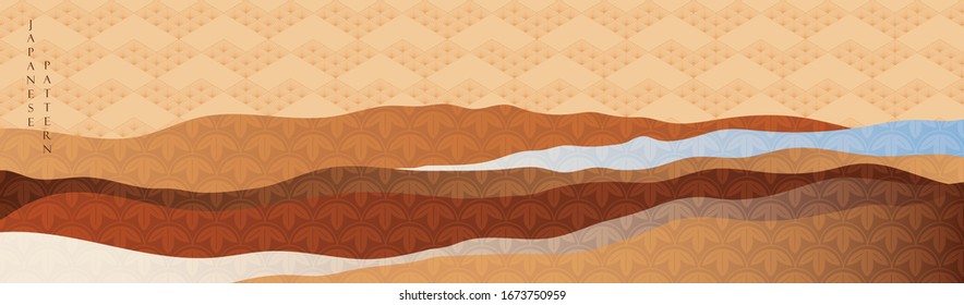 Japanese pattern with landscape background vector. Oriental banner in vintage style. 