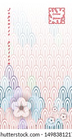 Japanese pattern, multicolored fish scales of koi carp, sakura flowers. Poster with trendy modern design template for covers, cards. Vector illustration, vertical gradient.