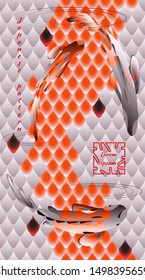 Japanese pattern, multi-colored fish scales, koi carp, flock of fish. Poster with trendy modern design template for covers, cards. Vector illustration, vertical drawing.
