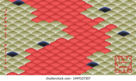 Japanese pattern, multicolored fish scales of koi carp. Poster with trendy modern design template for covers, cards. Vector illustration, horizontal orientation.