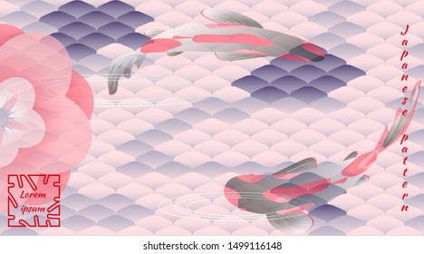 Japanese pattern, multicolored fish scales of koi carp, flock of fish, sakura flowers. Poster with trendy modern design template for covers, cards. Vector illustration, horizontal orientation.