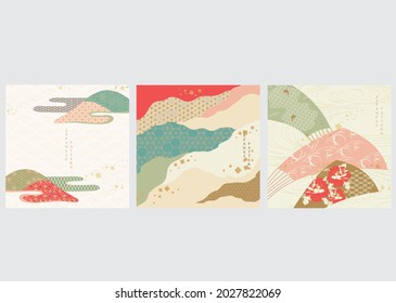 Japanese pattern with natural element vector. Abstract art in Asian style banner design. 