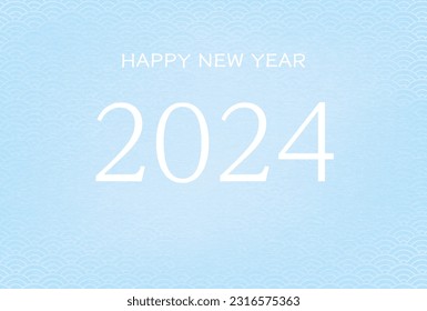 Japanese Pattern New Year’s Card without Chinese Zodiac Sign, Japanese Pattern Background with Year 2024 Lettering and Blue Sea Waves (Blue), New Year's postcard material, Vector Illustration