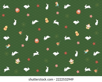 Patrón japonés de objetos y conejos de Año Nuevo.