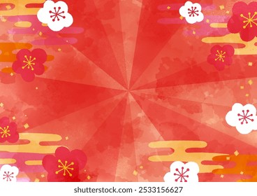 Japanese Pattern New Year's Background with Watercolor Flowers