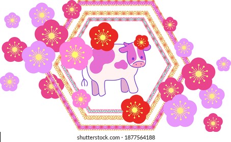 Japanese pattern New Year's card material illustration of cow and flower